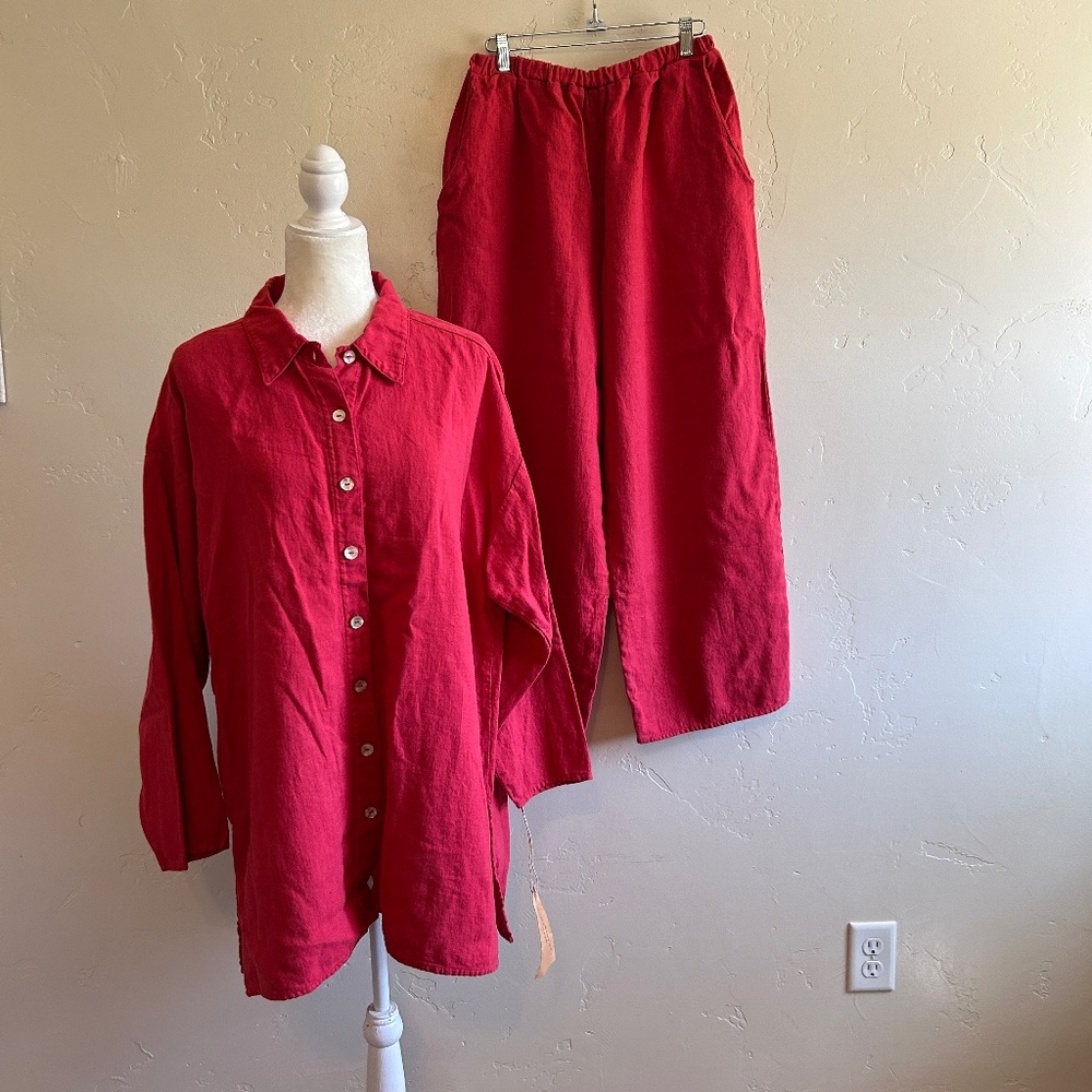 Homefrocks !00% Linen Long Sleeve Button Tunic Shirt w/ Matching Pants Size L